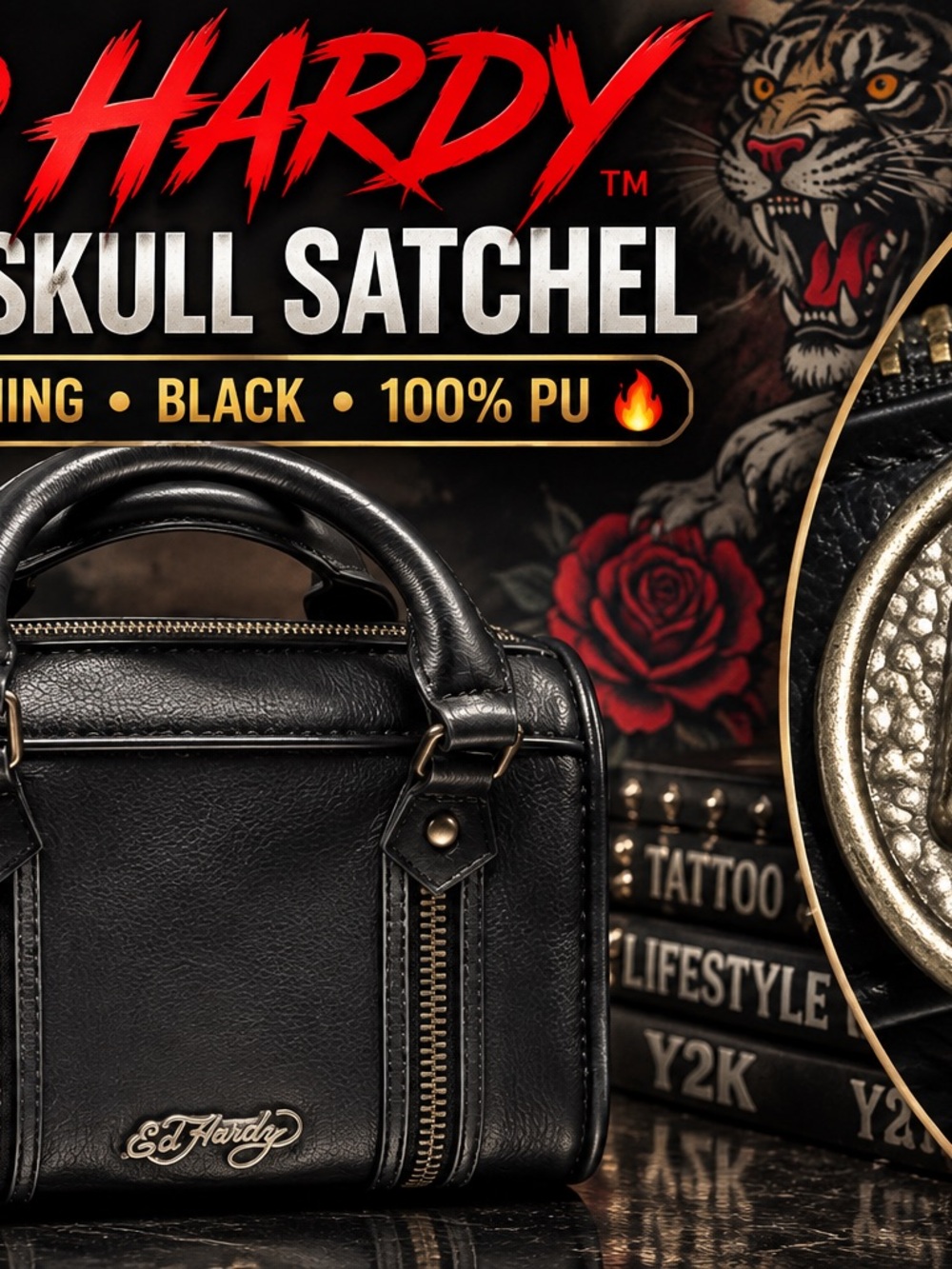 Ed Hardy Y2K Skull Satchel Handbag Black Faux Leather Tiger Lining Zip Purse